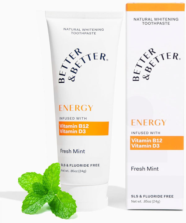 Better & Better Energy Toothpaste with Vitamin B12 & D3 | Fluoride Free, SLS Free Toothpaste | Fresh Breath with Organic Mints | Natural, Vegan, and Whitening Toothpaste for Bones & Energy | Mini Tube
