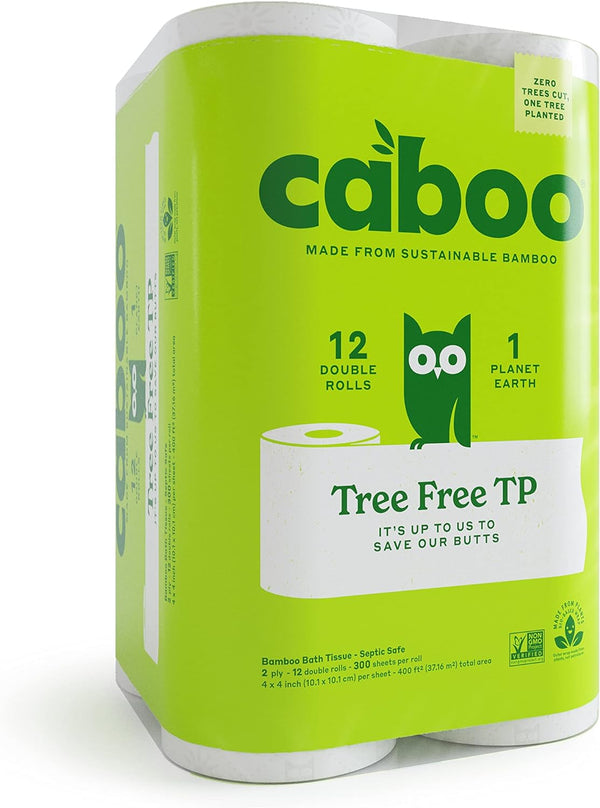 Caboo 100% Bamboo Toilet Paper, Tree Free, Septic, Safe Biodegradable Bath Tissue, Eco Friendly, Chemical Free Toilet Paper - Soft 2 Ply Sheets, 300 Sheets Per Roll, 12 Double Rolls