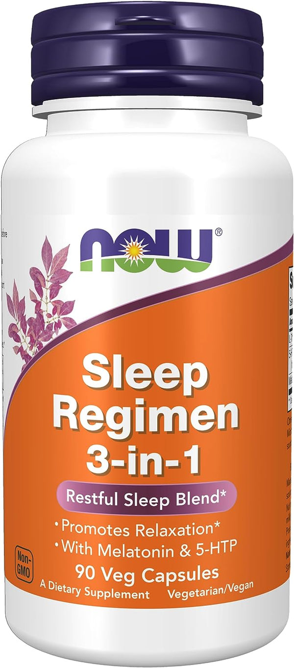 NOW Supplements, Sleep Regimen 3-In-1, With Melatonin, 5-HTP and L-Theanine, Restful Sleep Blend*, 90 Veg Capsules