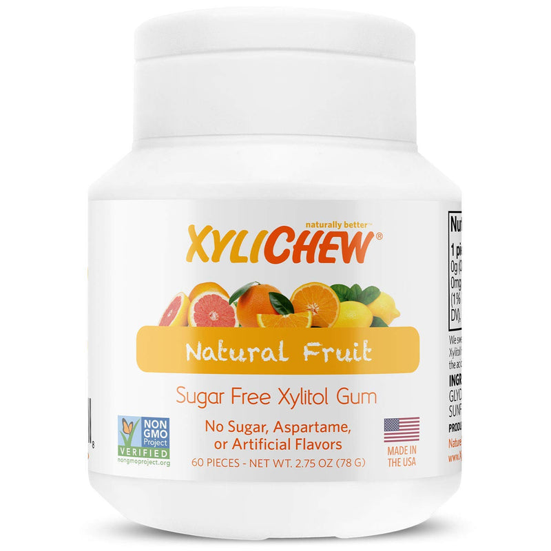 Xylichew 100% Xylitol Chewing Gum - Non GMO, Non Aspartame, Gluten Free, and Sugar Free Gum - Natural Oral Care, Relieves Bad Breath and Dry Mouth - Fruit, 60 Count