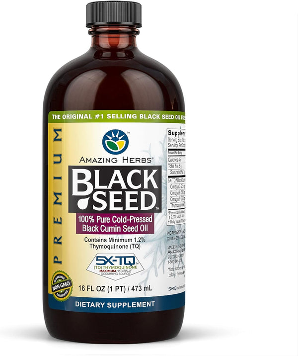 Amazing Herbs Premium Black Seed Oil - Cold Pressed Nigella Sativa Aids in Digestive Health, Immune Support, Brain Function, Joint Mobility, Gluten Free, Non GMO - 16 Fl Oz