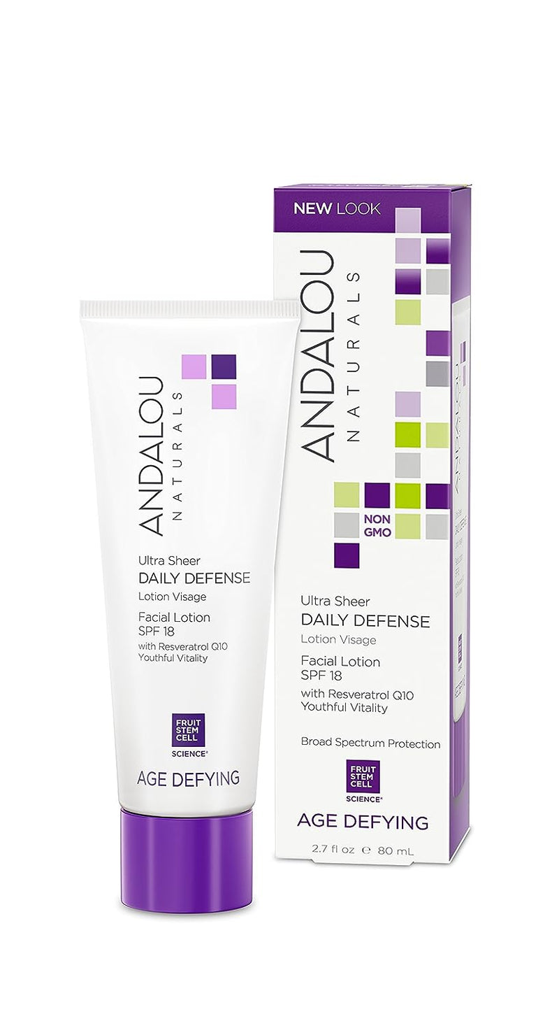 Andalou Naturals Ultra Sheer Daily Defense Facial Lotion, SPF 18, 2.7 oz, with Resveratrol CoQ10 and Antioxidants, Lightweight, Hydrating Facial Moisturizer