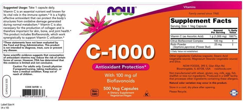 NOW Supplements, Vitamin C-1,000 with 100 mg of Bioflavonoids, Antioxidant Protection*, 500 Veg Capsules