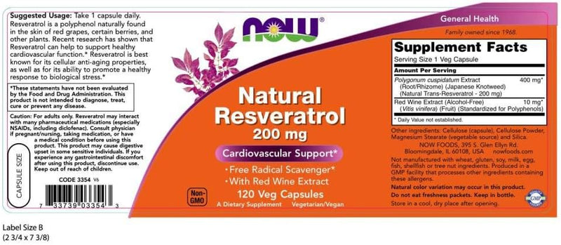 NOW Supplements, Natural Resveratrol 200 mg with Red Wine Extract, 120 Veg Capsules