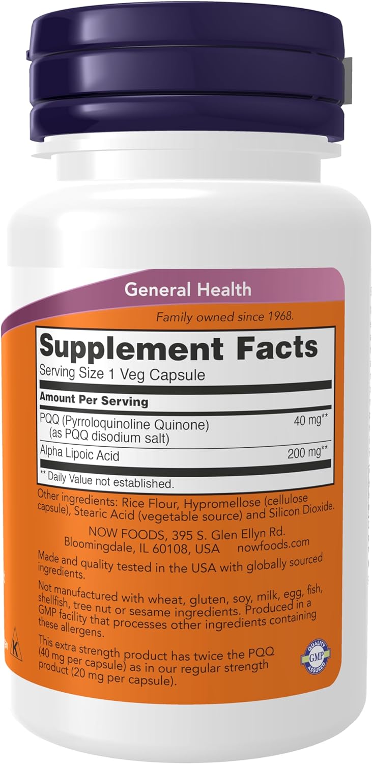 NOW Supplements, PQQ 40 mg with 200 mg Alpha Lipoic Acid, Extra Strength, 50 Veg Capsules