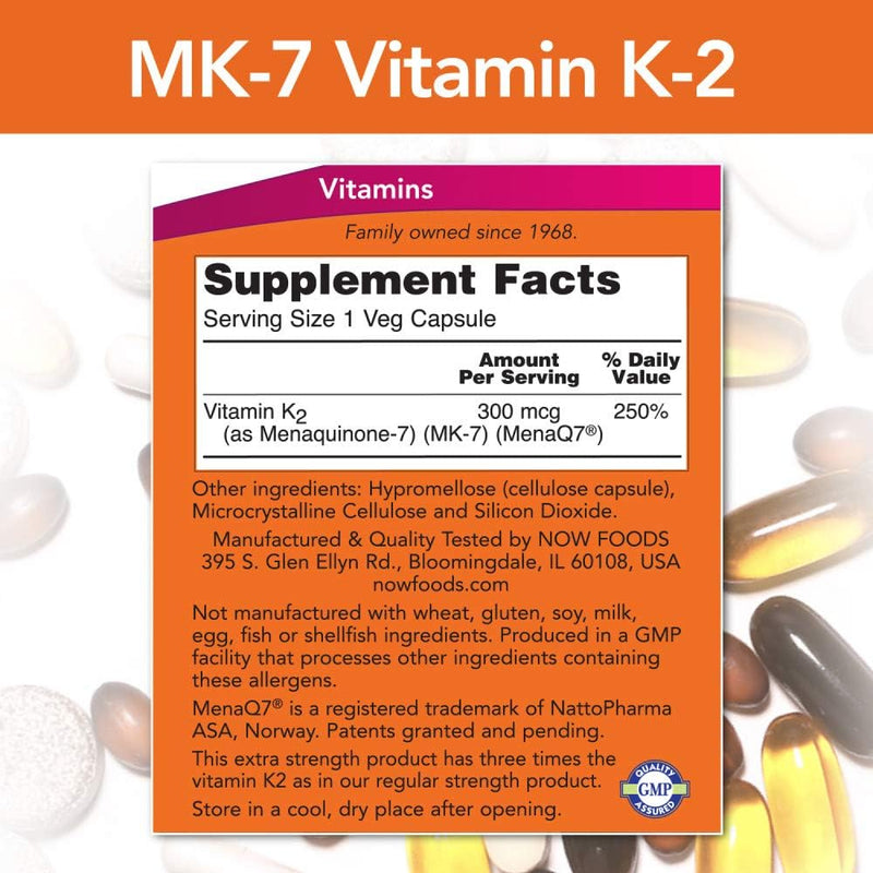 NOW Supplements, Vitamin K2 (MK-7) 300 mcg, Extra Strength, Supports Bone Health*, 60 Veg Capsules