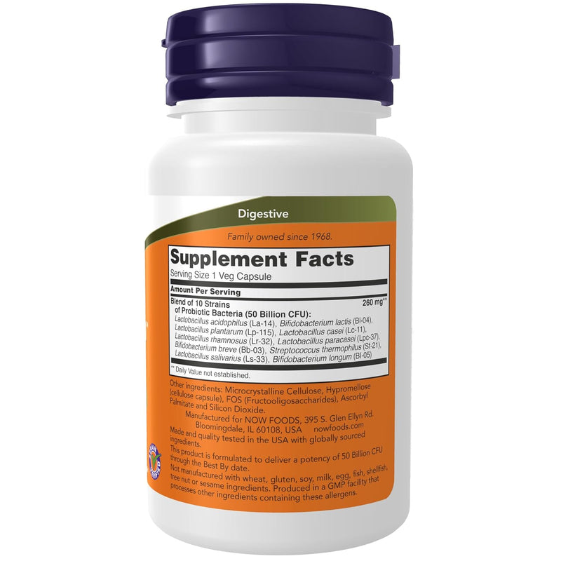 NOW Supplements, Probiotic-10™, 50 Billion, with 10 Probiotic Strains, Strain Verified, 50 Veg Capsules