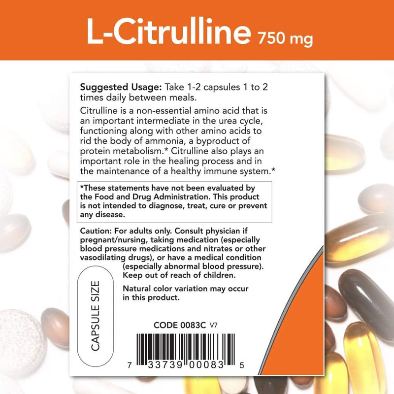 NOW Supplements, L-Citrulline 750 mg, Supports Protein Metabolism*, Amino Acid, 90 Veg Capsules