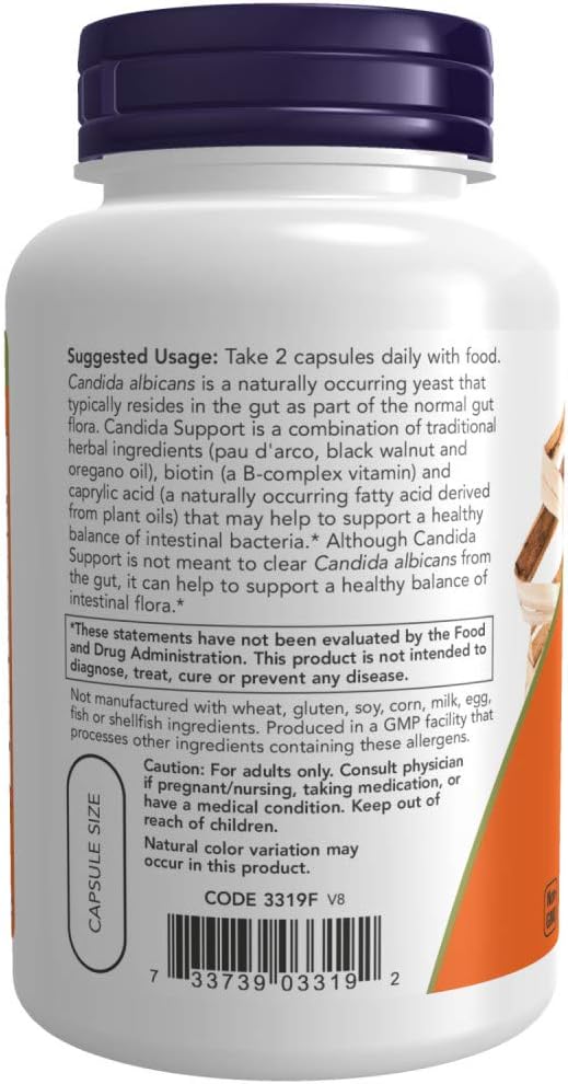 NOW Supplements, Candida Support with Pau D'Arco, Oregano Oil, Black Walnut & Caprylic Acid, 180 Veg Capsules