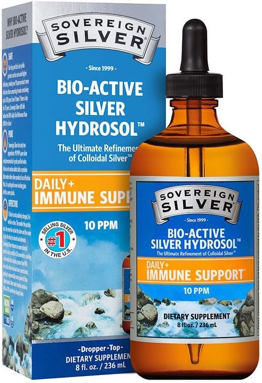 Sovereign Silver Bio-Active Silver Hydrosol for Immune Support - Colloidal Silver Liquid - 10 ppm, 8oz (236mL) - Dropper