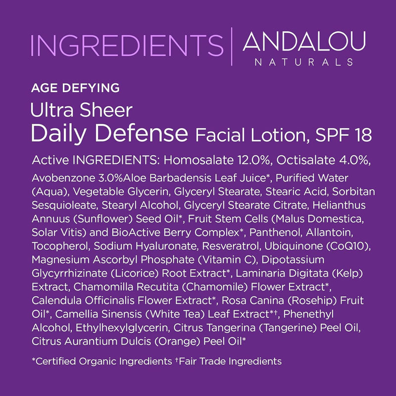 Andalou Naturals Ultra Sheer Daily Defense Facial Lotion, SPF 18, 2.7 oz, with Resveratrol CoQ10 and Antioxidants, Lightweight, Hydrating Facial Moisturizer