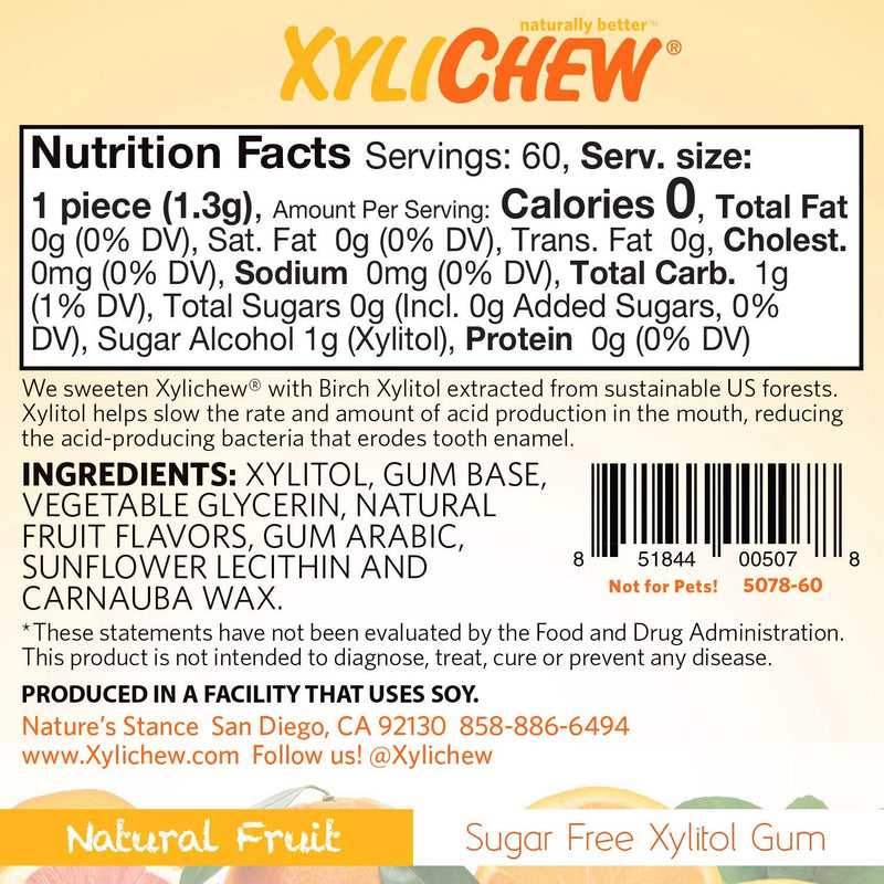 Xylichew 100% Xylitol Chewing Gum - Non GMO, Non Aspartame, Gluten Free, and Sugar Free Gum - Natural Oral Care, Relieves Bad Breath and Dry Mouth - Fruit, 60 Count