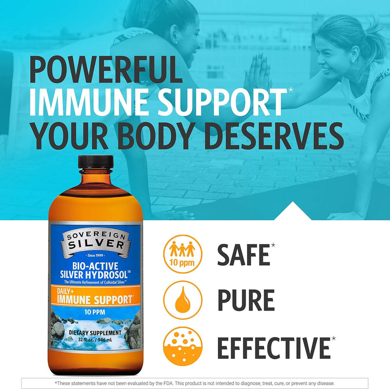 Sovereign Silver Bio-Active Silver Hydrosol for Immune Support - Colloidal Silver - 10 ppm, 32oz (946mL) - Family Size