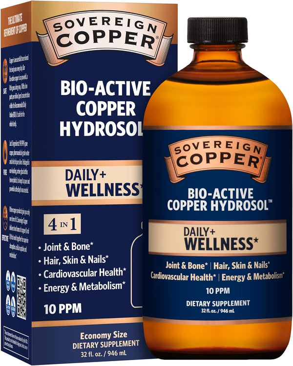 Bio-Active Copper Hydrosol, Daily+ 4-in-1 Wellness Supplement for Joint and Bone*, Hair, Skin and Nails*, Cardiovascular Health* and Energy and Metabolism Support*, 32oz