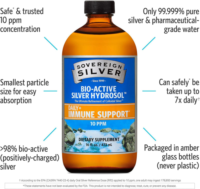 Sovereign Silver Bio-Active Silver Hydrosol for Immune Support - Colloidal Silver Liquid -10 ppm, 16oz (473mL) - Value Size