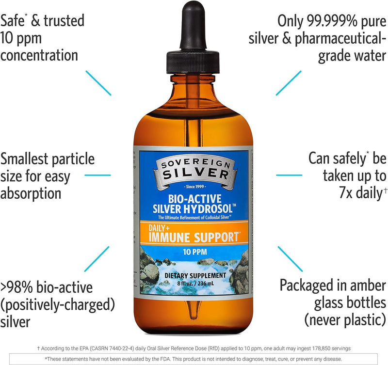 Sovereign Silver Bio-Active Silver Hydrosol for Immune Support - Colloidal Silver Liquid - 10 ppm, 8oz (236mL) - Dropper