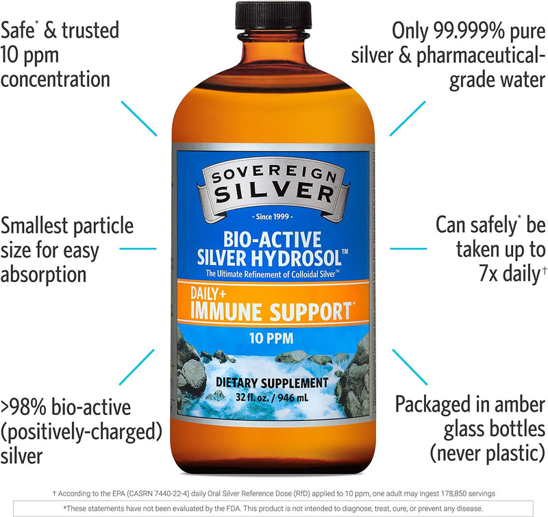 Sovereign Silver Bio-Active Silver Hydrosol for Immune Support - Colloidal Silver - 10 ppm, 32oz (946mL) - Family Size